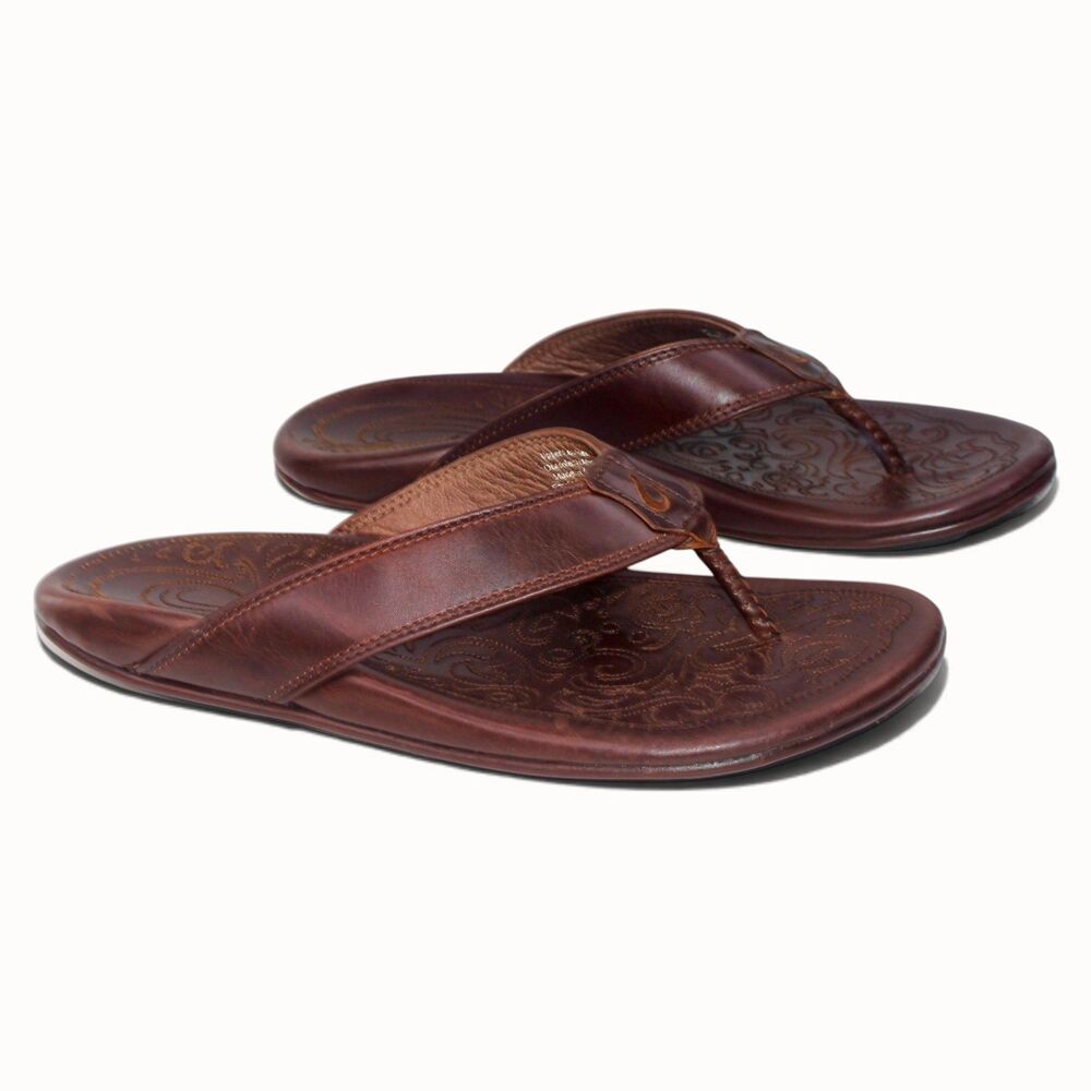 OluKai Waimea Brown Leather Flip Flops Men's 10